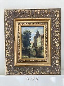 Old Painting Oil on Panel Landscape of a City with a Bridge