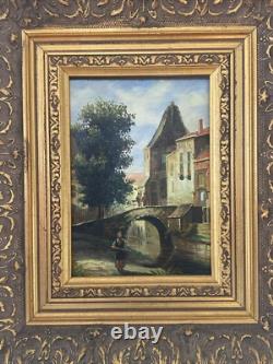 Old Painting Oil on Panel Landscape of a City with a Bridge