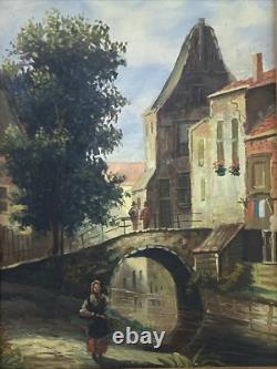 Old Painting Oil on Panel Landscape of a City with a Bridge