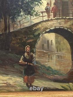 Old Painting Oil on Panel Landscape of a City with a Bridge