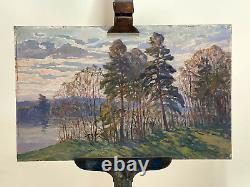 Old Painting Oil on Panel Russian School River Landscape L. 80 cm Signed