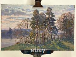 Old Painting Oil on Panel Russian School River Landscape L. 80 cm Signed