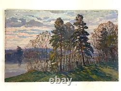 Old Painting Oil on Panel Russian School River Landscape L. 80 cm Signed