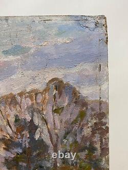 Old Painting Oil on Panel Russian School River Landscape L. 80 cm Signed