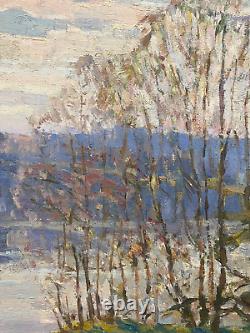 Old Painting Oil on Panel Russian School River Landscape L. 80 cm Signed