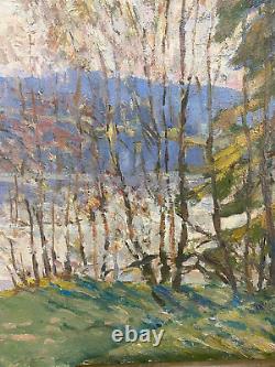 Old Painting Oil on Panel Russian School River Landscape L. 80 cm Signed