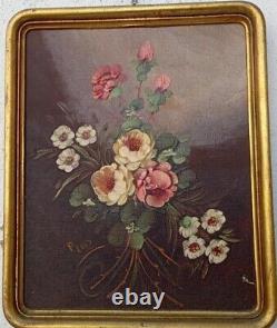 Old Painting Oil on Panel Still Life Flower Bouquet 20th Century