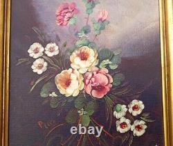 Old Painting Oil on Panel Still Life Flower Bouquet 20th Century