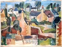 Old Painting Oil on Paper Landscape with Houses Unsigned 1940s