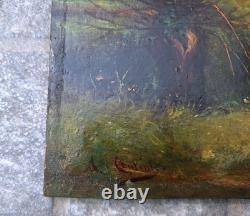 Old Painting Oil on Wood Landscape Trees, Fishing Painting Signed