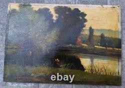 Old Painting Oil on Wood Landscape Trees, Fishing Painting Signed