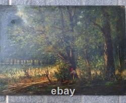 Old Painting Oil on Wood Landscape Trees, Fishing Painting Signed