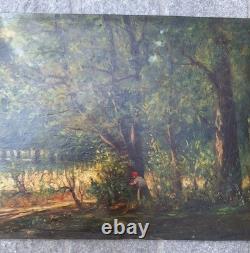 Old Painting Oil on Wood Landscape Trees, Fishing Painting Signed