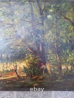 Old Painting Oil on Wood Landscape Trees, Fishing Painting Signed