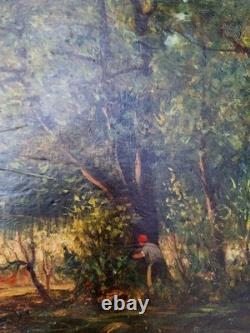 Old Painting Oil on Wood Landscape Trees, Fishing Painting Signed