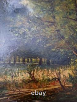 Old Painting Oil on Wood Landscape Trees, Fishing Painting Signed