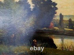 Old Painting Oil on Wood Landscape Trees, Fishing Painting Signed