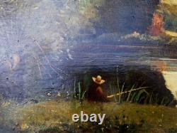Old Painting Oil on Wood Landscape Trees, Fishing Painting Signed