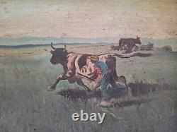 Old Painting Oil on Wood Miniature Scene Animals Cows and Farmers
