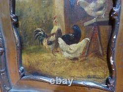 Old Painting, Oil on Wood Table Signed (Altman) Roosters. Ref 8573