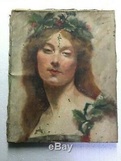 Old Painting On Canvas To Restore Portrait Of Woman Symbolist 1900