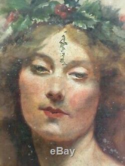 Old Painting On Canvas To Restore Portrait Of Woman Symbolist 1900