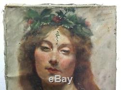 Old Painting On Canvas To Restore Portrait Of Woman Symbolist 1900