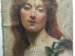 Old Painting On Canvas To Restore Portrait Of Woman Symbolist 1900