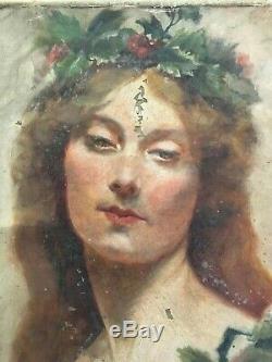 Old Painting On Canvas To Restore Portrait Of Woman Symbolist 1900