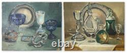 Old Painting Pair of Still Life Oil on Canvas Signed Bretagne 1 Damaged