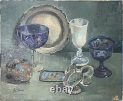 Old Painting Pair of Still Life Oil on Canvas Signed Bretagne 1 Damaged