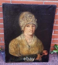Old Painting. Portrait of a Woman. Oil on Canvas Signed. 19th Century Style