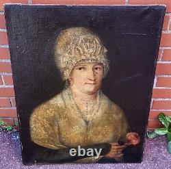 Old Painting. Portrait of a Woman. Oil on Canvas Signed. 19th Century Style