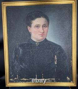 Old Painting Portrait of a Woman, signed Adrienne Geofroy, 19th Century Oil on Canvas