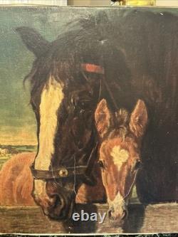 Old Painting Representing a Horse and Its Foal, Oil on Canvas
