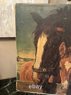 Old Painting Representing a Horse and Its Foal, Oil on Canvas