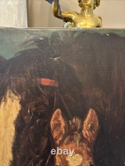 Old Painting Representing a Horse and Its Foal, Oil on Canvas