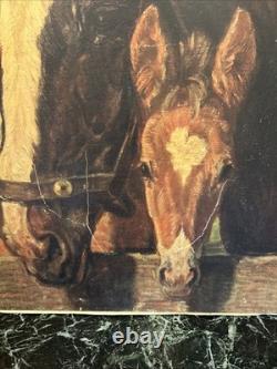 Old Painting Representing a Horse and Its Foal, Oil on Canvas