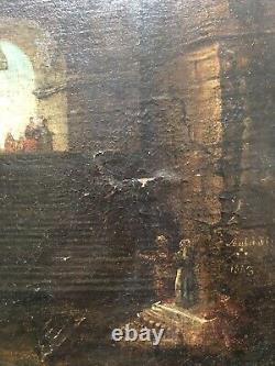 Old Painting Signed And Daté 1853, Temple Interior, Oil On Canvas, 19th