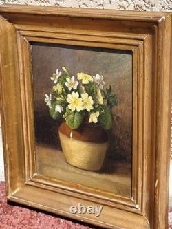 Old Painting Signed. Bouquet of Flowers. Oil Painting on Wood Panel