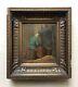 Old Painting Signed, Boxed, Furnished Woman, Oil On Panel, 19th