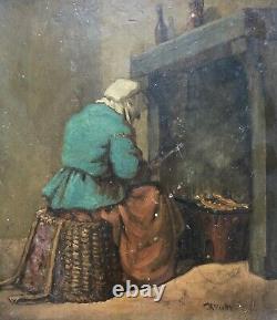 Old Painting Signed, Boxed, Furnished Woman, Oil On Panel, 19th