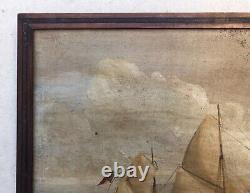 Old Painting Signed, Boxed, Marine, Oil On Cardboard, Painting, Early 20th Century