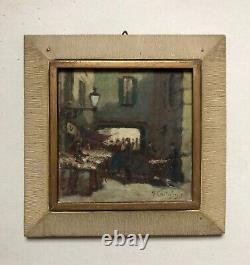 Old Painting Signed, Boxed, Market Scene, Oil On Panel Start 20th