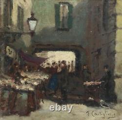 Old Painting Signed, Boxed, Market Scene, Oil On Panel Start 20th