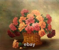 Old Painting Signed Cassini, Carnation Bouquet, Oil On Panel, 20th
