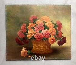 Old Painting Signed Cassini, Carnation Bouquet, Oil On Panel, 20th