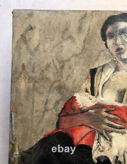 Old Painting Signed, Date 1969, Breastfeeding Woman, Oil On Canvas, Painting, 20th