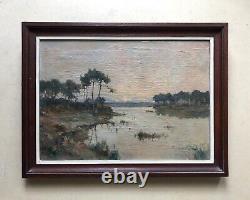Old Painting Signed François Gueho, Pond in the Southwest, Oil on Canvas, Early 20th Century