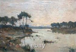 Old Painting Signed François Gueho, Pond in the Southwest, Oil on Canvas, Early 20th Century